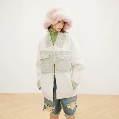 小香风拼接棉服女冬季加棉外套2023年新款设计感潮牌复古宽松棉衣商品大图