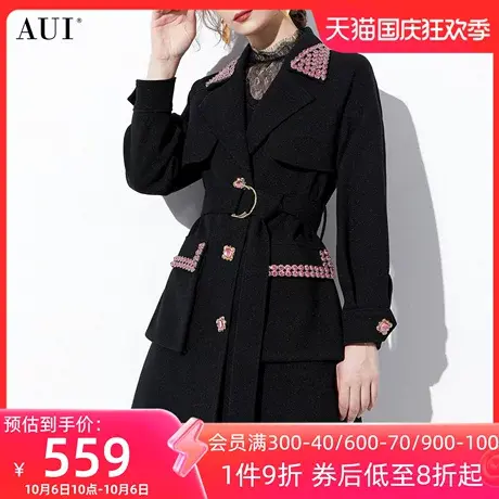 AUI黑色气质小香风西装毛呢外套女2023冬新款中长款修身呢子大衣图片