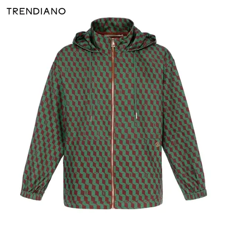 TRENDIANO官方棋盘格时尚拉链廓形连帽外套男潮2023新款冬季图片