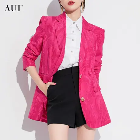 AUI玫红色气质职业醋酸西装外套女2023秋新款设计感小众修身西服商品大图