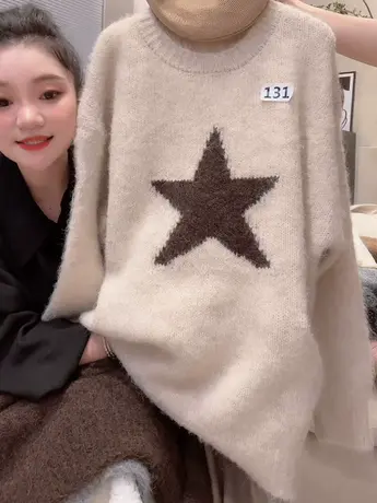 慵懒风设计感五角星毛衣女秋冬新款韩版时尚外套针织衫打底上衣洋商品大图