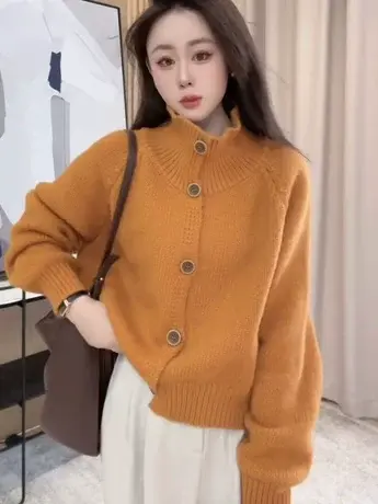复古橘色系扣立领针织开衫女秋冬韩系慵懒风高级气质软糯毛衣外套图片