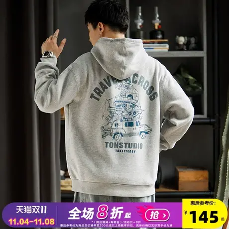 唐狮2022秋冬新款加绒卫衣男美式灰色连帽卫衣男士加厚秋季上衣潮图片