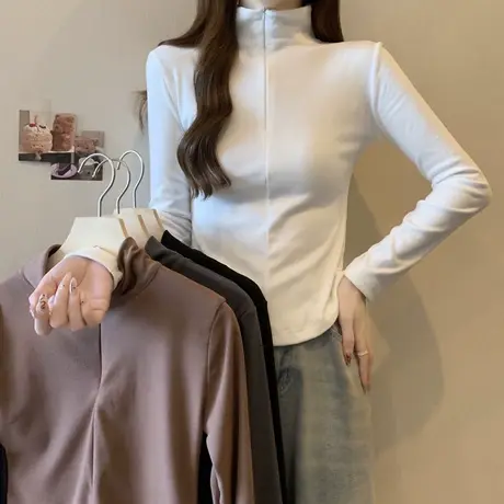 短款正肩加绒长袖T恤女秋冬修身拉链设计感POLO领上衣内搭打底衫商品大图