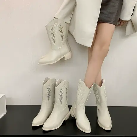 白色靴子女2023新款粗跟尖头短靴女复古刺绣西部牛仔靴显瘦中筒靴商品大图