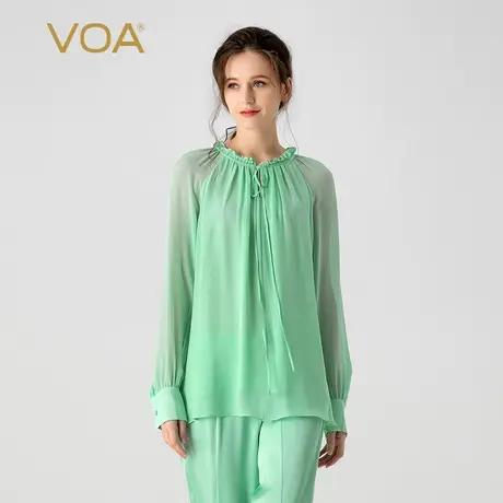 VOA桑蚕丝乔其纱翠绿木耳边圆领系带衬衫袖直筒宽松双层真丝T恤女图片