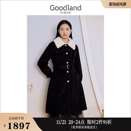 【100绵羊毛】Goodland美地女装冬季毛呢大衣毛绒翻领钉钻外套商品大图