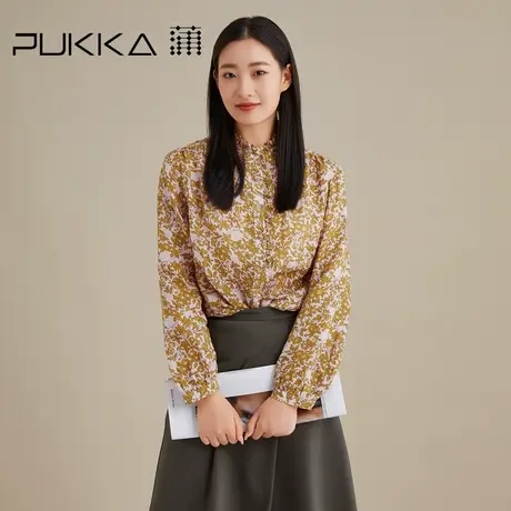 蒲PUKKA 设计感印花衬衫女春夏装宽松苎麻碎花木耳边长袖衬衣图片