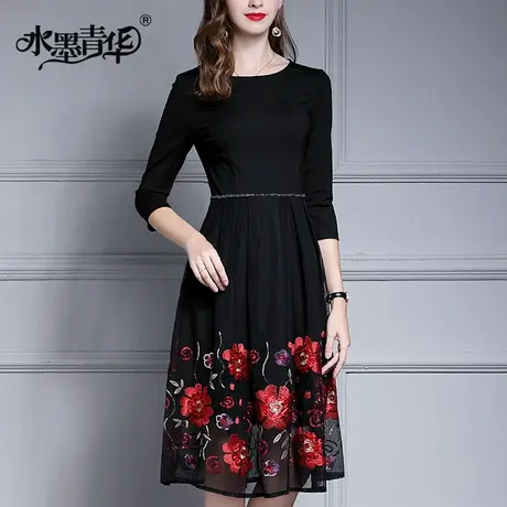 【1件7.9折】冬装新品时尚修身气质优雅大摆网纱绣花连衣裙图片