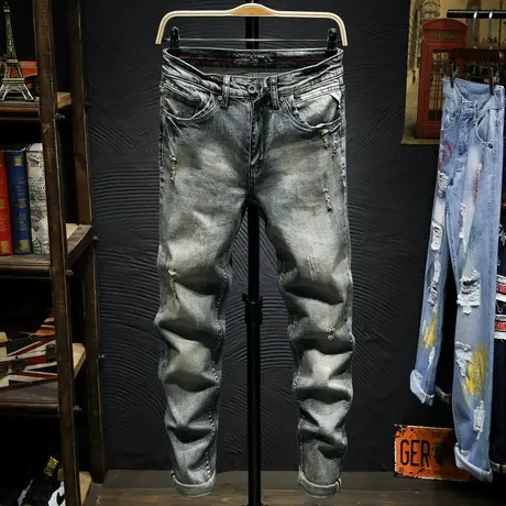 夏季新款破洞牛仔裤男青年修身小脚裤子男士韩版时尚复古直筒做旧商品大图