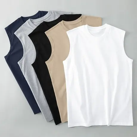 纯棉背心男士运动坎肩夏季薄款健身篮球跨栏纯色白色宽肩无袖t恤商品大图
