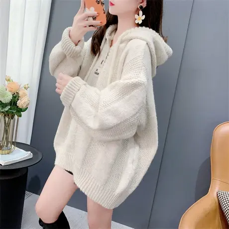 慵懒风加厚软糯连帽毛衣女秋冬2024年新款宽松百搭设计感针织上衣商品大图