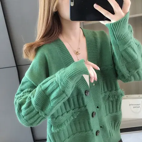 2023年秋季新款纯色洋气针织衫女开衫韩版宽松毛衣外套慵懒风外穿商品大图