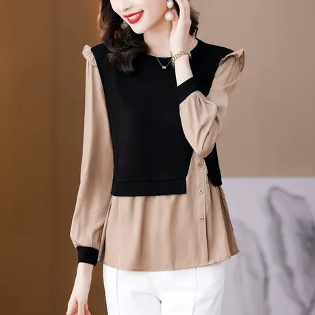 假两件漂亮衬衫上衣秋装女2023年新款别致气质宽松遮肚显瘦小衫女图片