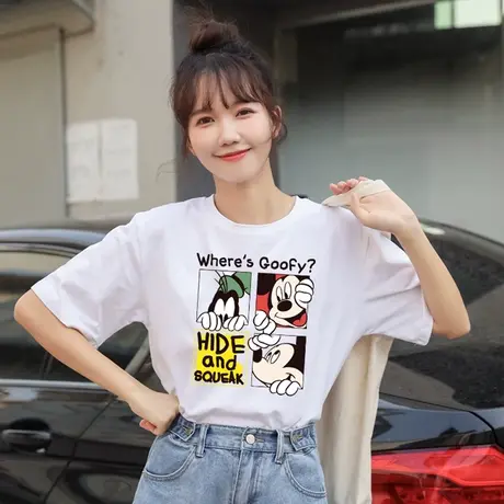 ins超火米奇t恤女白色短袖2023夏装新款宽松纯棉半袖韩版正肩上衣图片