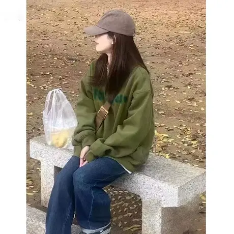 美式复古oversize卫衣女圆领薄款2023新款爆款秋冬长袖外套上衣潮图片