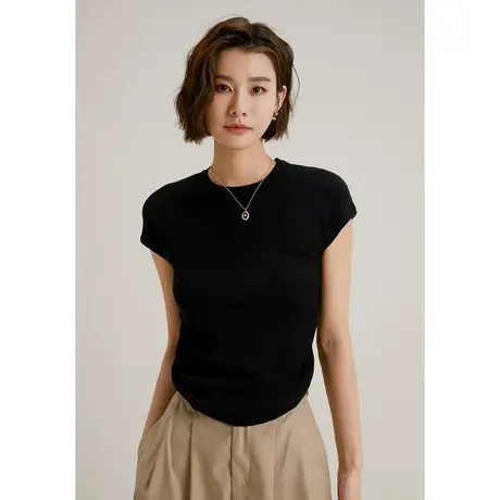 弥古黑色针织短袖t恤女夏不规则修身坎肩上衣高级感收腰打底内搭商品大图