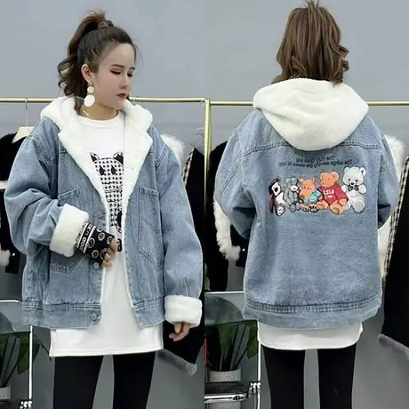 加绒棉衣女冬季2023新款学院风羊羔毛加厚牛仔外套棉服上衣ins潮商品大图