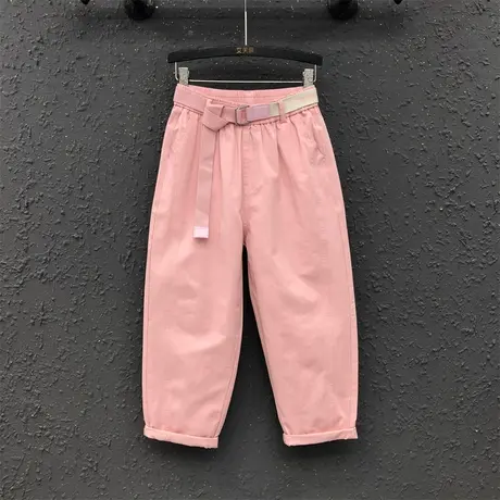 欧货2023春季新款休闲百搭松紧腰阔腿老爹裤女宽松显瘦粉色九分裤图片