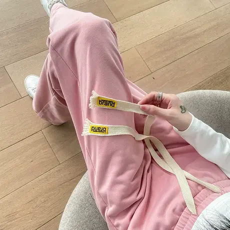 粉色阔腿运动裤女春秋2023年新款高腰直筒宽松显瘦百搭休闲拖地裤图片