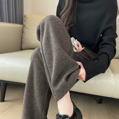 咖啡色羊绒呢裤子女秋冬2023新款高腰宽松显瘦加厚毛呢阔腿休闲裤商品大图