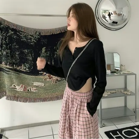 早秋小众不规则V领小个子T恤女2024年新款韩版修身短款长袖上衣潮商品大图