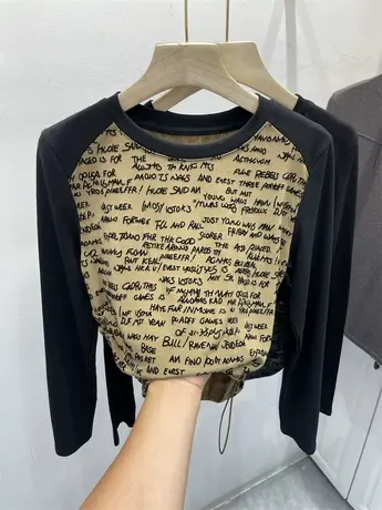 复古撞色字母植绒长袖T恤女2023秋新款时尚褶皱抽绳打底衫上衣ins图片