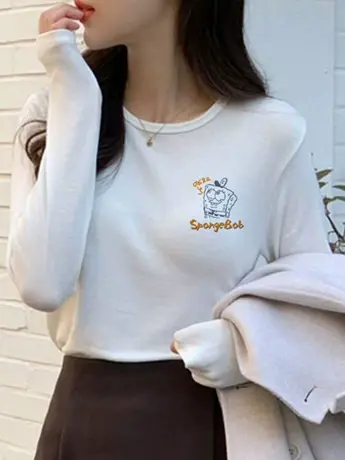 白色仿棉长袖t恤女2023新款春秋装冬季德绒洋气内搭打底衫上衣服商品大图