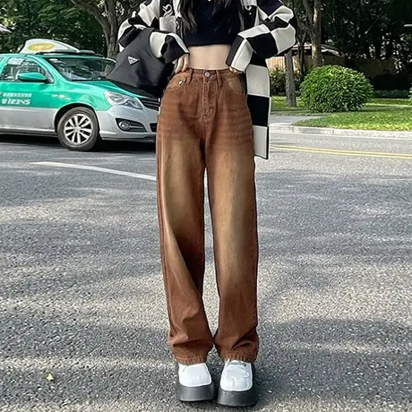 棕色牛仔裤女秋冬新款宽松显瘦大码胖mm高腰直筒阔腿梨形身材裤子图片