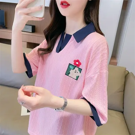 小个子短袖t恤女夏季2023新款韩版宽松大码撞色polo领半袖上衣服商品大图