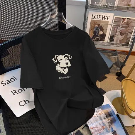 美式复古短袖t恤女夏宽松韩版oversize大码黑色高级感ins显瘦上衣商品大图