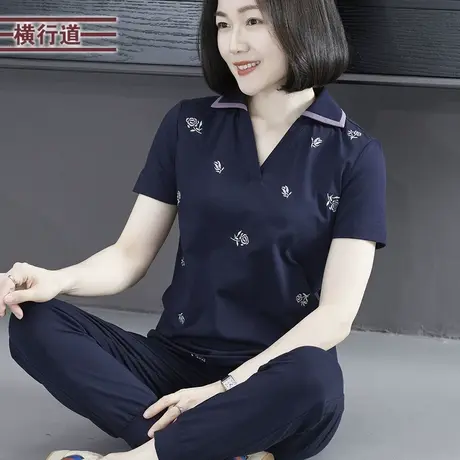 简约休闲翻领绣花宽松短袖T恤女上衣大码外穿2025夏季新款妈妈装商品大图