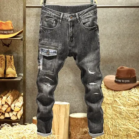 2024新款破洞牛仔裤男修身小脚裤潮牌不规则口袋设计潮流韩版裤子商品大图