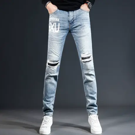 高街破洞牛仔裤男2023秋冬新款蓝色潮流印花修身小脚男士弹力裤子图片