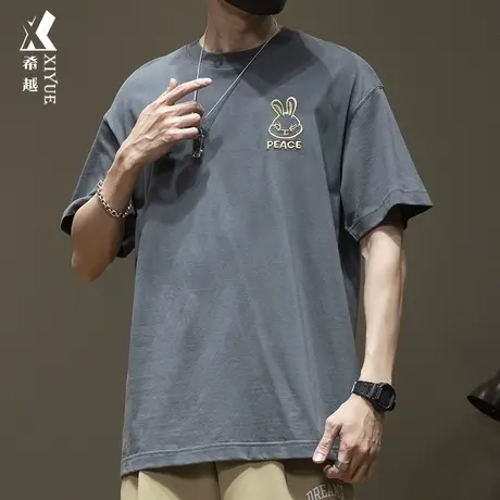 希越夏季精棉平纹布260g重磅短袖t恤男兔子刺绣大码纯棉半袖体恤商品大图