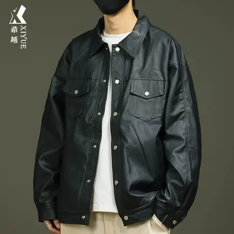 希越机车暗黑风PU皮衣夹克男秋冬季无帽宽松大码美式痞帅潮牌外套商品大图