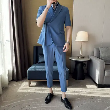 休闲中袖西装男垂感外套夏季斜扣系带西服英伦修身九分裤两件套潮图片
