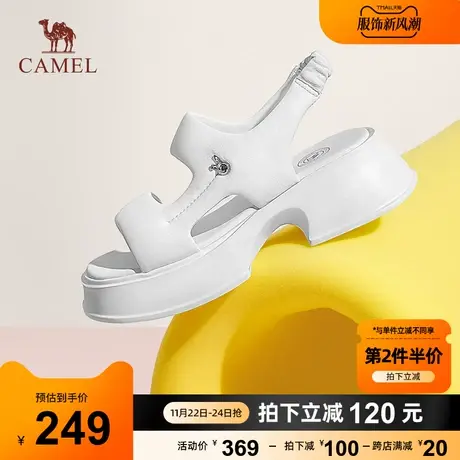 骆驼女鞋2023夏季新款一字带休闲粗跟厚底后空时装凉鞋女运动凉鞋图片