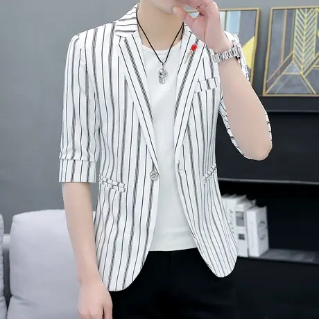 七分袖条纹薄款西装男士潮流韩版休闲雅痞夏装帅气时尚半袖小西服商品大图