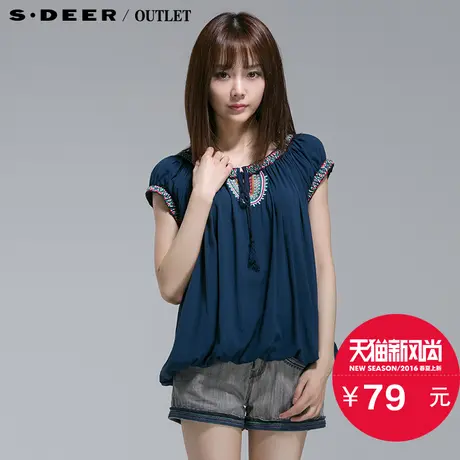 s.deer【上新】圣迪奥专柜正品女民族风绣花泡泡袖上衣S13280464图片