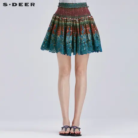 sdeer圣迪奥女夏装民族风情印花撞色蓝调绣花雪纺半身裙S16281347图片