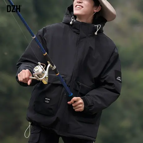 男士黑色冲锋衣外套男冬棉服2024年新款工装连帽棉衣男款保暖夹克商品大图