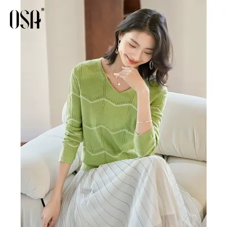 OSA欧莎清新绿色V领套头长袖宽松打底针织衫上衣春装女2023年新款商品大图