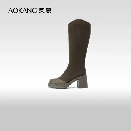 奥康女鞋 2023冬季新款拼接质感鞋面时装靴美拉德风不过膝骑士靴商品大图