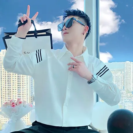 秋季新款条纹装饰长袖衬衫潮牌韩版潮流宽松个性上衣ins痞帅衬衣商品大图