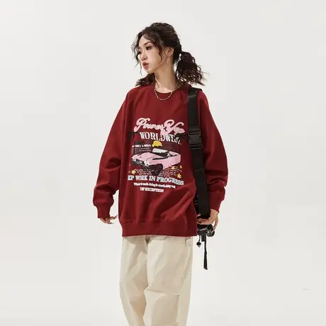 YEP复古酒红色卫衣女春秋款2024年新款潮牌印花宽松无帽上衣商品大图