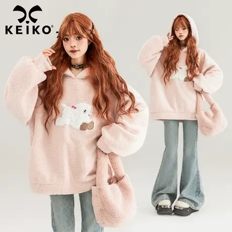 KEIKO 慵懒风短绒羊羔毛卫衣女加厚2024早春卡通绣花摇粒绒外套商品大图