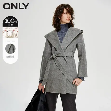 ONLY奥莱2023冬季新款100%绵羊毛双面呢连帽毛呢大衣女商品大图