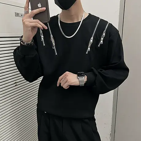 美式复古痞帅拉链设计感男士卫衣春秋季个性夜店长袖T恤打底上衣商品大图