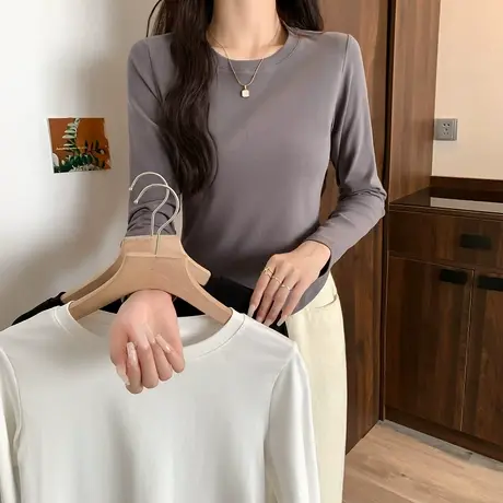 纯欲不规则下摆圆领长袖t恤女秋冬新款内搭别致收腰小衫打底上衣商品大图